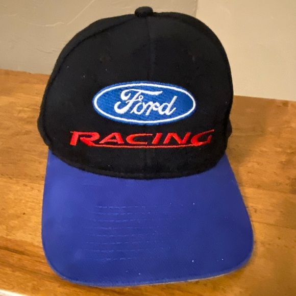 Ford Racing Mens Trucker Hat Cap Black Blue 100% Cotton OS Adjustable - Picture 1 of 7